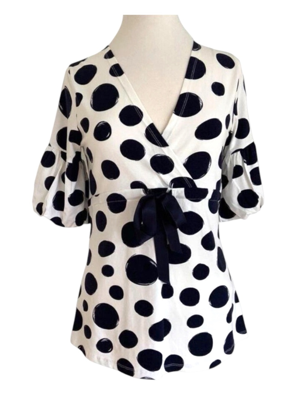 Sem Per Lei jersey top ecru white navy blue V wrap neck balloon sleeve 40 medium